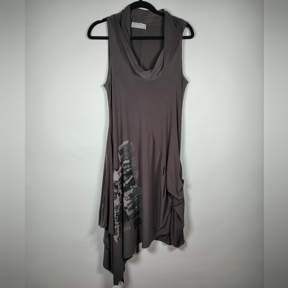 DECA Pairs Chic Asymmetrical Gray Chacha Dress with Graphic Detail US Size 12